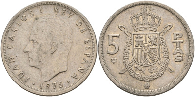 Испания 5 песет 1975 (76) Хуан Карлос I (1975-2014) KM 807 медно-никель 4155-623