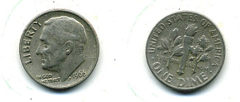 США 10 ЦЕНТОВ = 1 ДАЙМ 1966 РУЗВЕЛЬТ KM 195а медь плакированная медно-никелем 4364-345