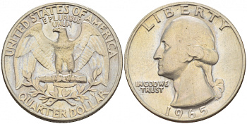 США 25 центов (квотер) 1965 Вашингтон KM 164а медь плакированная медно-никелем 4546-1244