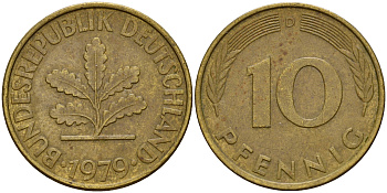 ФРГ 10 пфеннигов 1979 D J. 383, KM 108 сталь плакированная латунью    4603-445