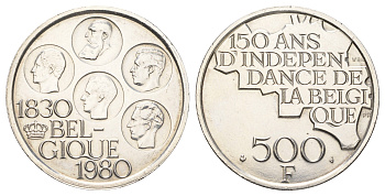 Бельгия 500 франков 1980 150 лет независимости, BELGIQUE, Бодуэн I (1951-1993) KM 161a серебро 1518-1125