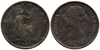 Великобритания 1 фартинг 1861 Виктория (1837-1901) KM 747.2, Spink 3958 бронза 1518-1045