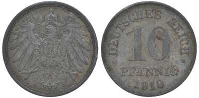 ГЕРМАНИЯ 10 ПФЕННИГОВ 1919 KM 26, J. 299 цинк 45-1254
