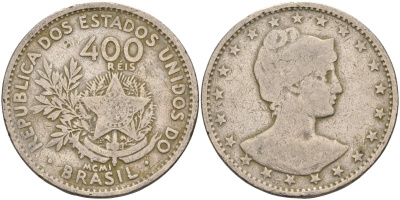 Бразилия 400 рейс 1901 голова свободы вправо KM 505 медно-никель 4367-226