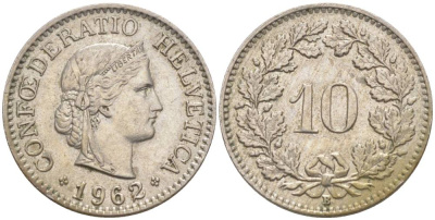 ШВЕЙЦАРИЯ 10 РАППЕНОВ 1962 В KM 27 медно-никель 55-331