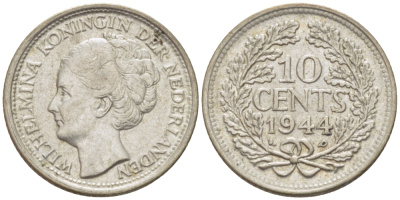 Нидерланды 10 центов 1944 Вильгельмина (1890-1948) KM 163 серебро aUNC 4392-1257