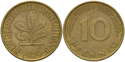 ФРГ 10 пфеннигов 1979 D J. 383, KM 108 сталь плакированная латунью    4603-445