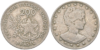 Бразилия 200 реалов 1901 MCMI, голова свободы вправо KM 504 медно-никель 4612-317