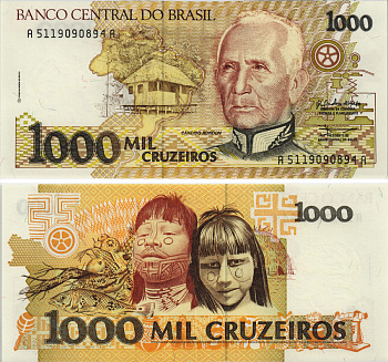 Бразилия 1000 крузейро ND (1990) серия A 5119, Кандиду Рондон Pick 231 a бумага UNC (пресс) 8605-40-4-1