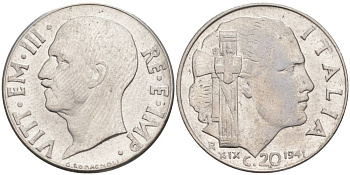 ИТАЛИЯ 20 ЧЕНТЕЗИМО 1941 R, ГОД XIX, ВИКТОР ЭММАНУИЛ III (1900-1946) KM 75b, VEM3. 1028 нержавеющая сталь 3853-641