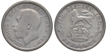 Великобритания 6 пенсов 1925 Георг V (1910-1936), узкий ободок KM 815a.2, Spink 4025 серебро 4124-722