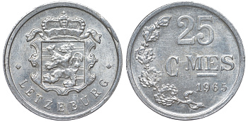 Люксембург 25 сантимов 1965 KM 45a.1 алюминий 4532-917