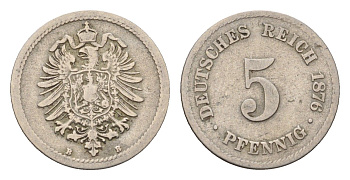 Германия 5 пфеннигов 1876 B, Вильгельм I (1871-1888) KM 3, J. 3 медно-никель 4632-628