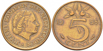 НИДЕРЛАНДЫ 5 ЦЕНТОВ 1958 ЮЛИАНА KM 181 бронза 3718-352
