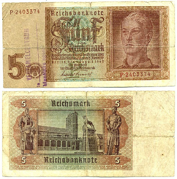 Германия 5 рейхсмарок 1942 монумент льва, 7 значный номер, коллекционная надпечатка Pick 186 a, Ro. 176 d  бумага  7203-1-1-1