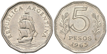 Аргентина 5 песо 1963 KM 59 сталь плакированная никелем 4596-1227