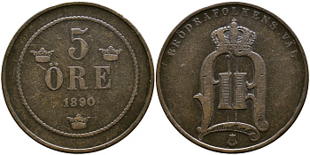 Швеция 5 эре 1890 Оскар II (1872-1907) король Швеции и Норвегии KM 757 бронза 53-734