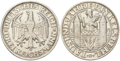 Германия 3 марки 1928 D, 1000 летие основания Динкельсбюля J. 334, KM 59 серебро  aUNC  00-816-33