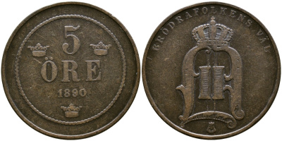 Швеция 5 эре 1890 Оскар II (1872-1907) король Швеции и Норвегии KM 757 бронза 53-734