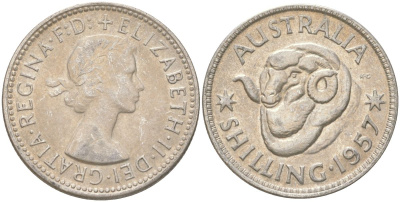 Австралия 1 шиллинг 1957 M, Елизавета II (1952-2022), овца меринос KM 59 серебро 4622-215