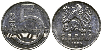 Чехия 5 крон 1994 чешский лев, Карлов мост KM 8 сталь плакированная никелем 4364-4444