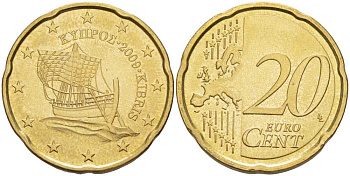 КИПР 20 ЕВРОЦЕНТОВ 2009 ПАРУСНИК KM 82 латунь UNC 28-513