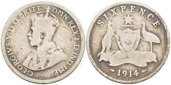Австралия 6 пенсов 1914 L, Георг V (1910-1936), герб Австралии KM 25 серебро 3955-1264