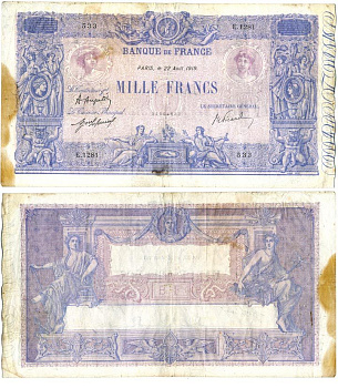 Франция 1000 франков 1919 22 августа 1919 Pick 67 h бумага 434-1-1-1