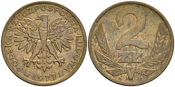 ПОЛЬША 2 ЗЛОТЫХ 1977 ЛЕНИНГРАДСКИЙ МОНДВОР KM 80.1 латунь XF 192-846