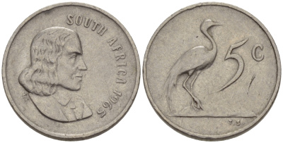 ЮАР 5 ЦЕНТОВ 1965 SOUTH, ЯН ВАН РИБЕК (1619-1677), ГОЛАНДСКИЙ ИССЛЕДОВАТЕЛЬ , МОРЕПЛАВАТЕЛЬ, ОСНОВАТЕЛЬ Г. КЕЙПТАУНА, РАЙСКИЙ ЖУРАВЛЬ, АНГЛИЙСКАЯ ЛЕГЕНДА KM 67.1 никель 66-266
