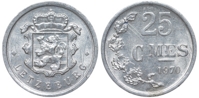 Люксембург 25 сантимов 1970 Герцог Жан (1964-1999) KM 45a.1 алюминий 4532-847