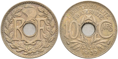 Франция 10 сантимов 1935 тип Линдайё KM 866а медно-никель 4116-511
