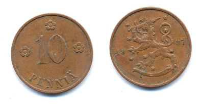 Финляндия 10 пенни 1937 KM 24 медь 51-5615