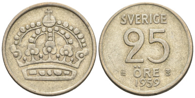 Швеция 25 эре 1959 TS, Густав VI Адольф (1950-1973) KM 824 серебро 4609-969