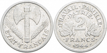 ФРАНЦИЯ 2 ФРАНКА 1944 В, ПРАВИТЕЛЬСТВО ВИШИ KM 904.2 алюминий 4402-941