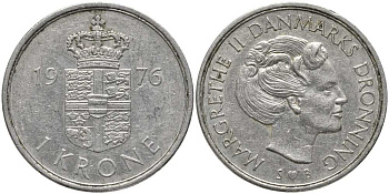 ДАНИЯ 1 КРОНА 1976 S;B, МАРГАРЕТЕ II (1972-) KM 862.1 медно-никель 113-912