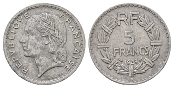 Франция 5 франков 1949 B KM 888b.2, Le Franc 339.19 алюминий 4634-731
