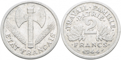 ФРАНЦИЯ 2 ФРАНКА 1944 В, ПРАВИТЕЛЬСТВО ВИШИ KM 904.2 алюминий 4402-941