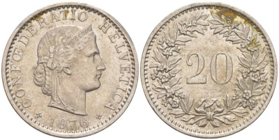 Швейцария 20 раппенов 1976 KM 29a медно-никель 55-947