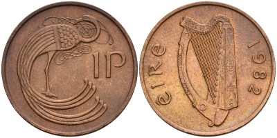 Ирландия 1 пенни 1982 мифологическая птица лира KM 20 бронза 4141-235