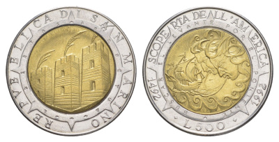 Сан-Марино 500 лир 1992 500 лет открытию Америки KM 286 биметалл UNC 4648-345