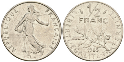 Франция 1/2 франка 1985 сеятель KM 931.1 никель 4364-437