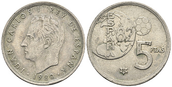 Испания 5 песет 1980 (80), Хуан Карлос I (1975-2014), чемпионат мира по футболу, Испания 1982 KM 817 медно-никель 85-746