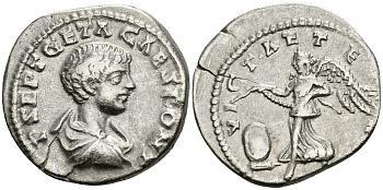 Римская Империя денарий 200 - 202 Гета в ранге цезаря VICT AETERN Виктория Лаодикея Приморская Good Very fine RIC 101 серебро 000-00-00