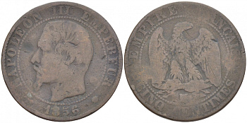 ФРАНЦИЯ 5 САНТИМОВ 1856 MA, НАПОЛЕОН III (1852-1870) КМ 777.6, LA FRANC 116.35 бронза 4402-911