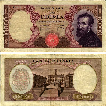 Италия 10000 лир 1966 Микеланджело Pick 97c бумага 8518-40-2-2