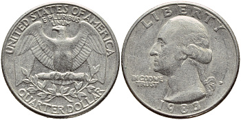 США 25 ЦЕНТОВ = КВОТЕР 1983 D, ВАШИНГТОН KM А164а медь плакированная медно-никелем 4397-123