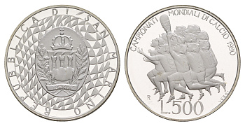 Сан-Марино 500 лир 1990 Чемпионат мира по футболу 1990 KM 246 серебро PROOF 1083-3-63