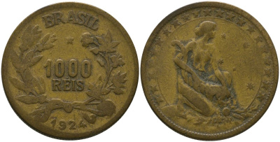 Бразилия 1000 рейсов 1924 KM 525 алюминиевая бронза 4575-342
