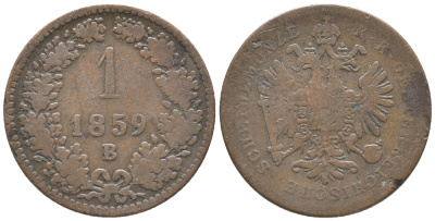 Австрия 1 крейцер 1859 В, Франц Иосиф I (1848-1916) KM 2186 медь 100-933